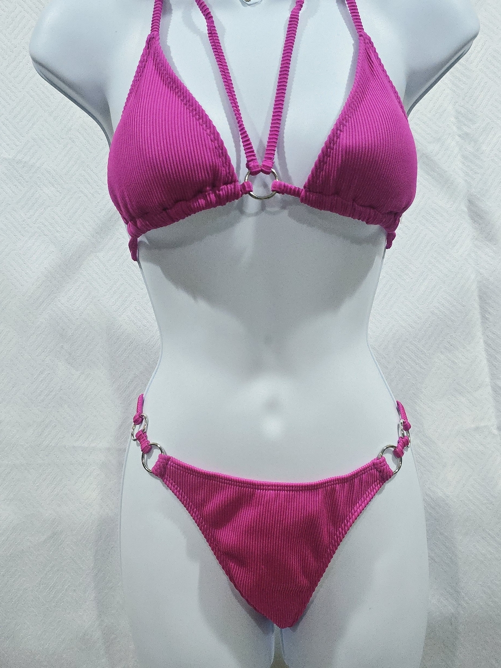 Magenta Ribbed Triangle Bikini Set - Women Swim